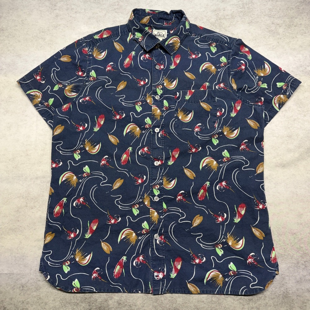 Woolrich Mens Large Blue Fly Fishing Lure Print Short Sleeve Button Down Shirt